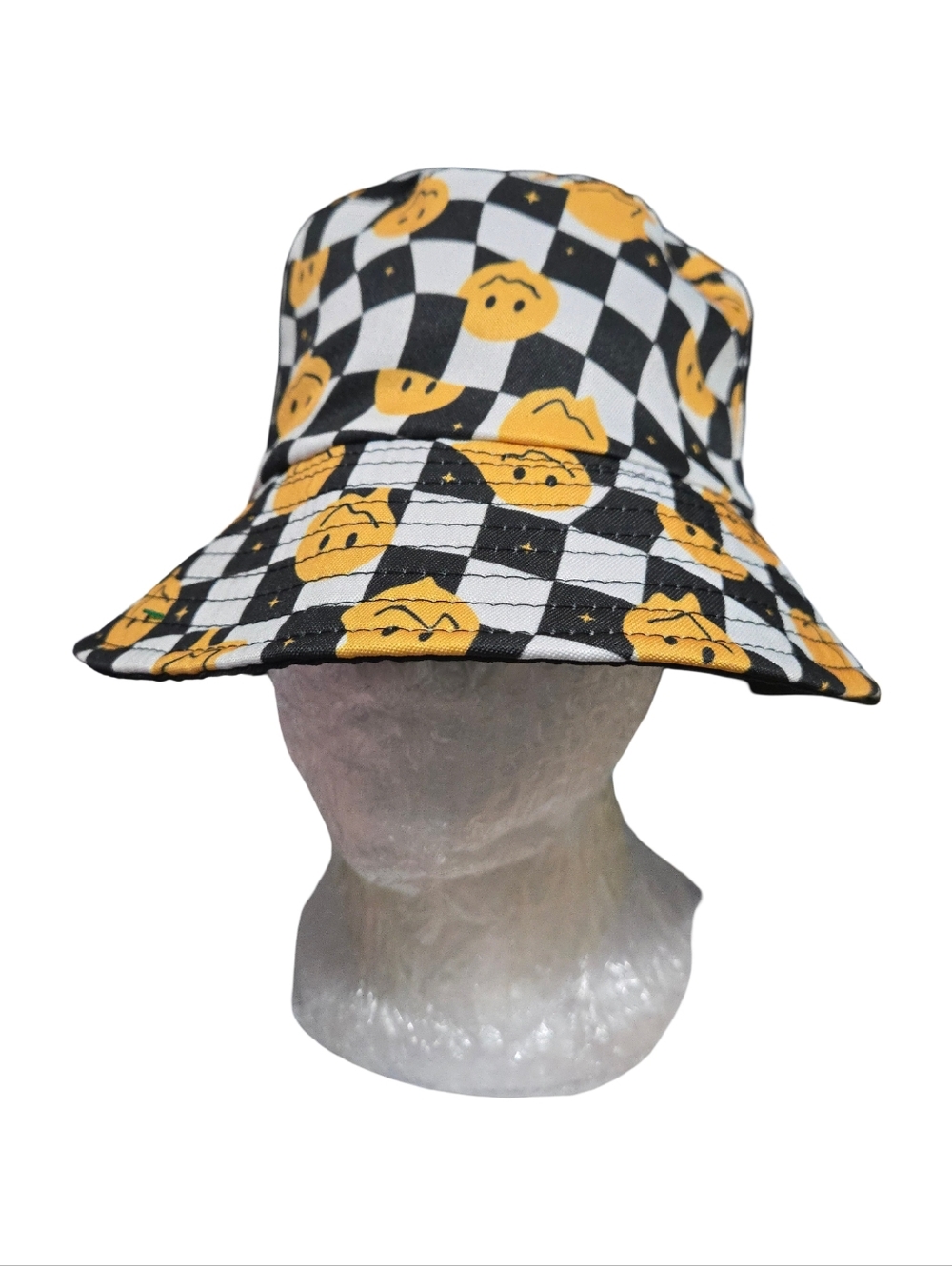 Black & White Checkered Bucket Hat with Yellow Smiley Faces